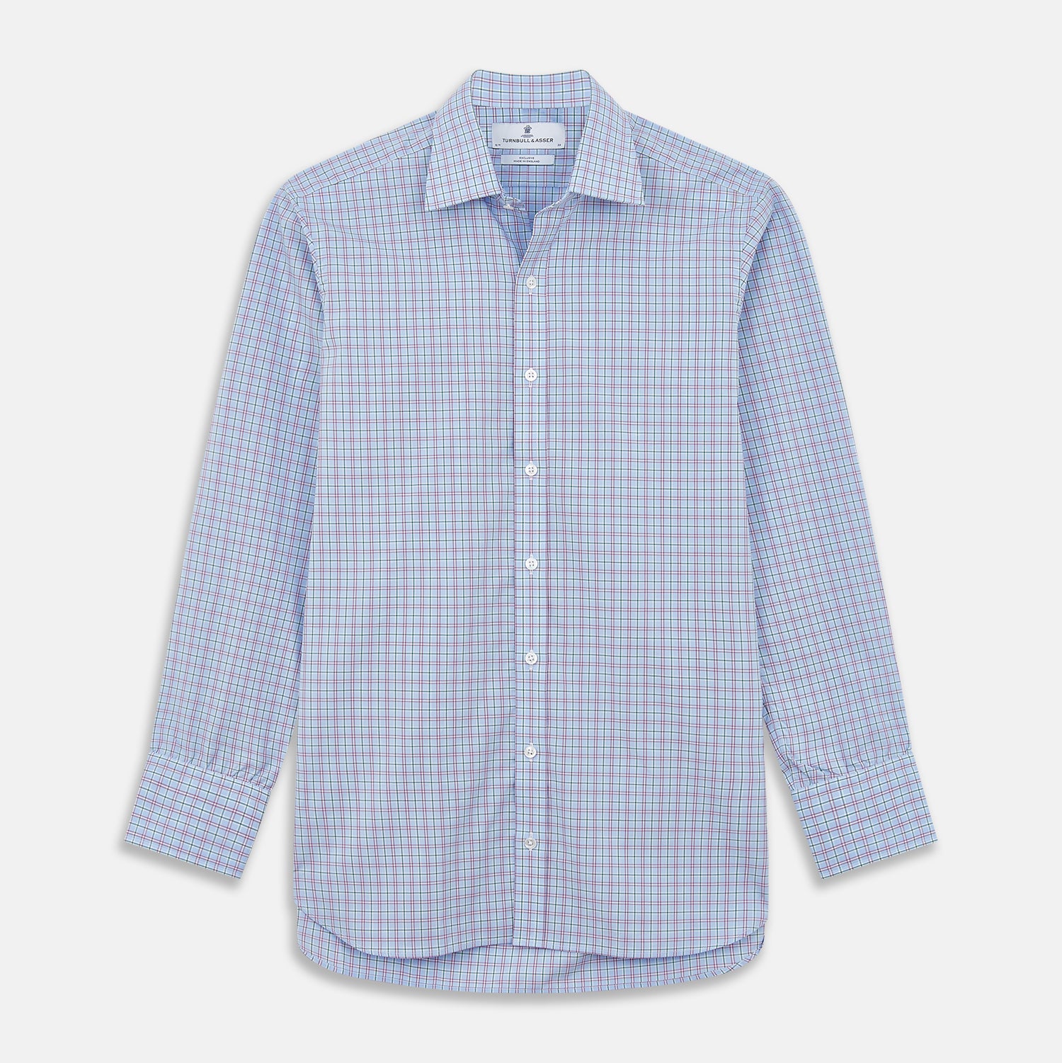 View 1 of product Turnbull & Asser’s Blue, Purple & Green Check Regular Fit Shirt features a T&A collar and 3 button cuffs, shown on a white background.