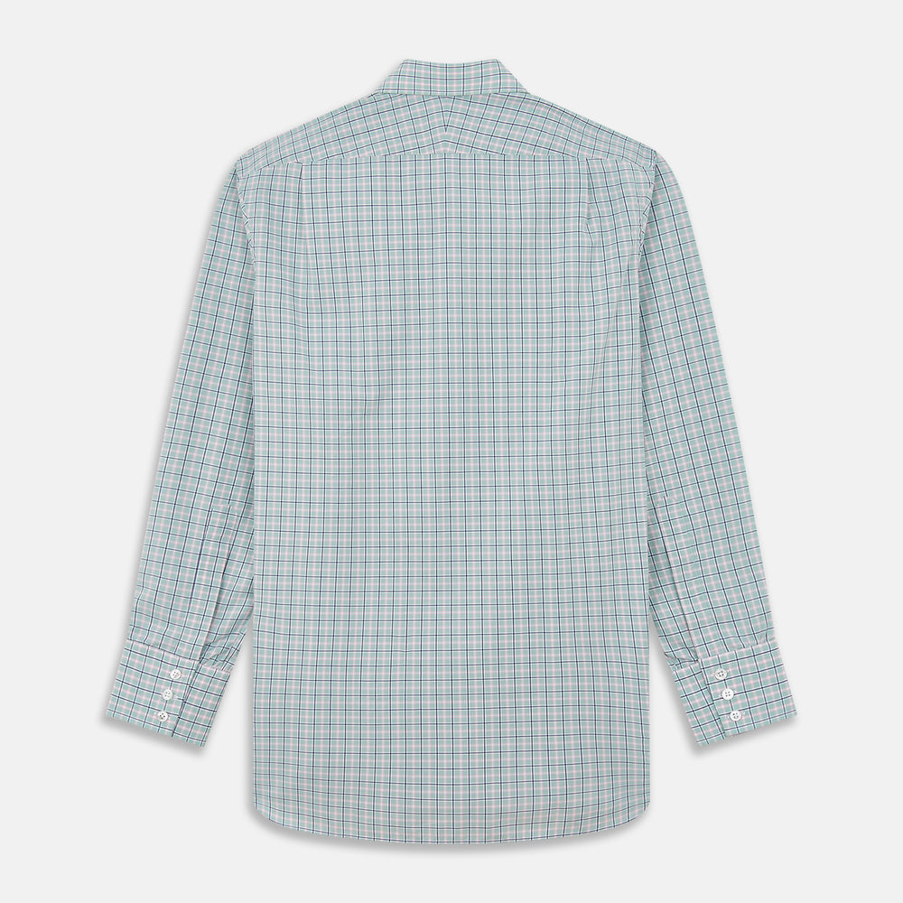 The Turnbull & Asser Green, Navy & Pink Check Regular Fit Shirt features a T&A collar, 3 button cuffs, and white buttons. Crafted from Italian cotton poplin, it’s displayed on a white background.
