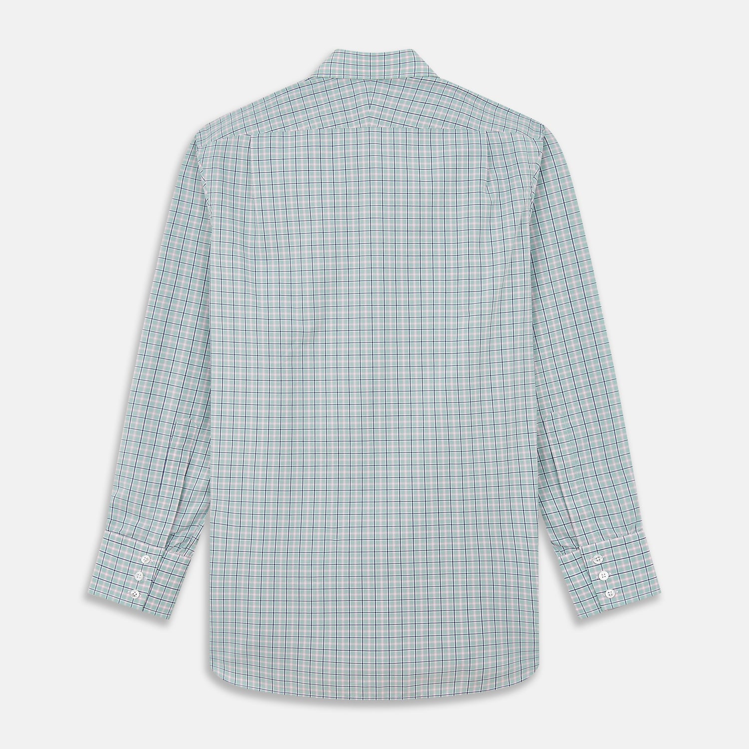 View 5 of product The Turnbull & Asser Green, Navy & Pink Check Regular Fit Shirt features a T&A collar, 3 button cuffs, and white buttons. Crafted from Italian cotton poplin, it’s displayed on a white background.