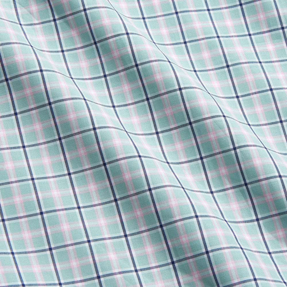 The Turnbull & Asser Green, Navy & Pink Check Regular Fit Shirt features a T&A collar, 3 button cuffs, and white buttons. Crafted from Italian cotton poplin, it’s displayed on a white background.