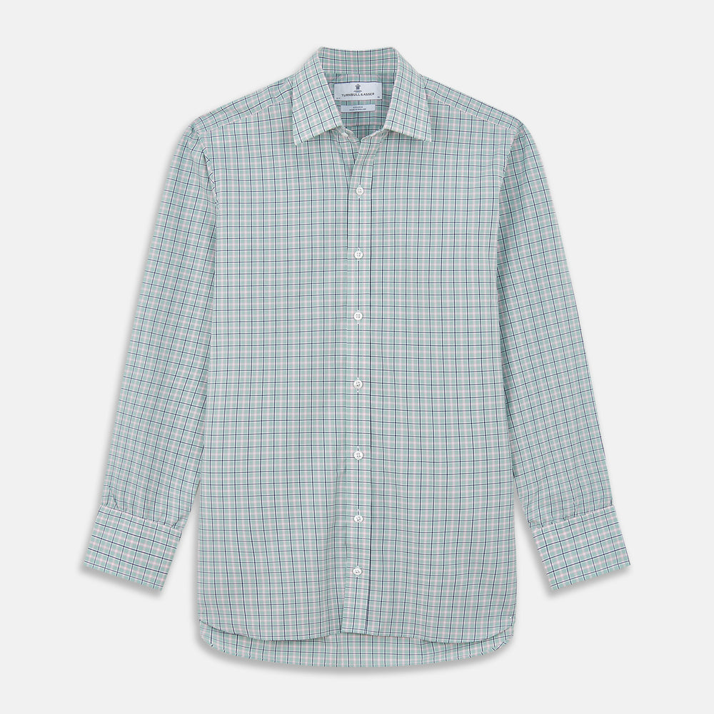 The Turnbull & Asser Green, Navy & Pink Check Regular Fit Shirt features a T&A collar, 3 button cuffs, and white buttons. Crafted from Italian cotton poplin, it’s displayed on a white background.