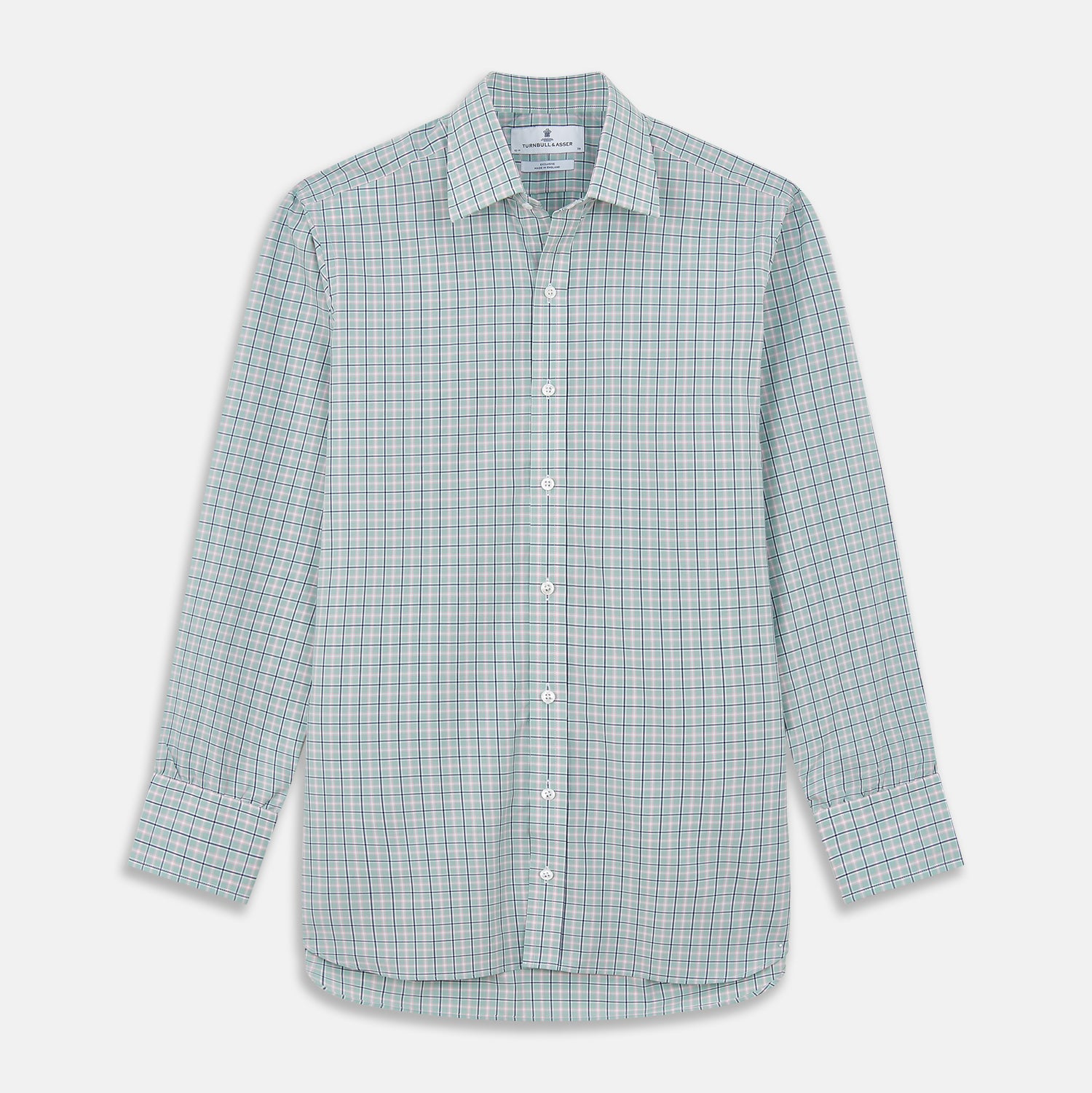 View 1 of product The Turnbull & Asser Green, Navy & Pink Check Regular Fit Shirt features a T&A collar, 3 button cuffs, and white buttons. Crafted from Italian cotton poplin, it’s displayed on a white background.