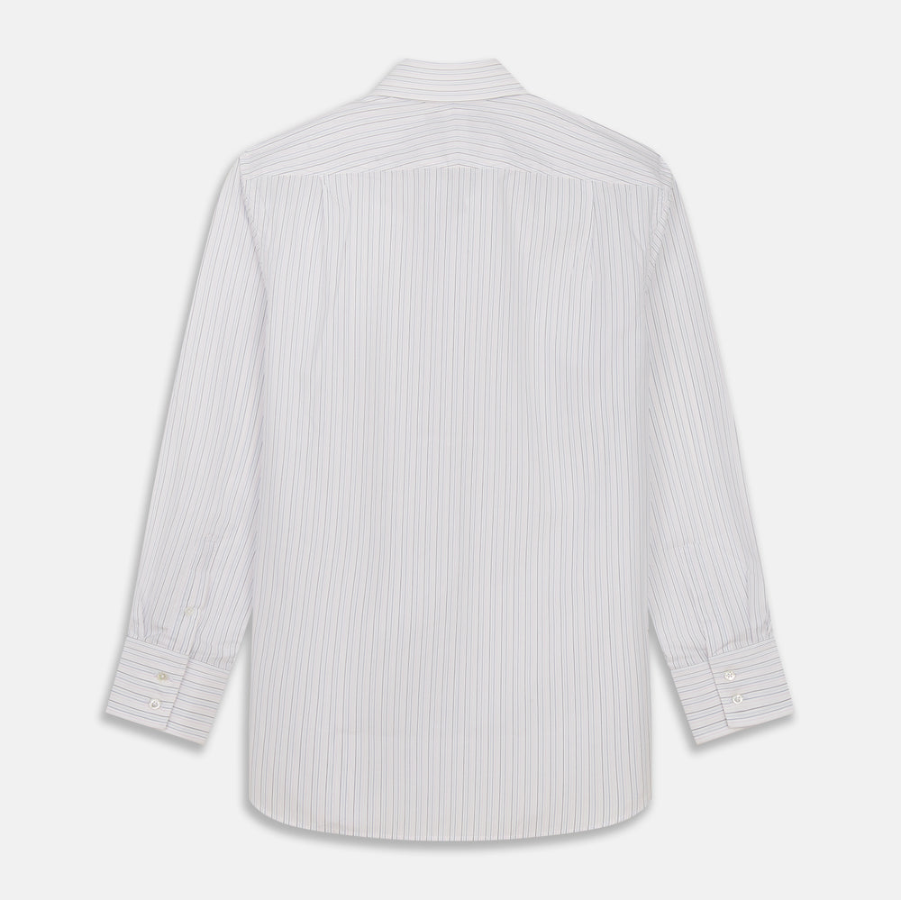 The Turnbull & Asser Blue Multi Stripe Tailored Fit Shelton Shirt features a Kent collar and thin blue and gray vertical stripes on white. This long-sleeve, button-down is displayed neatly against a plain white background.