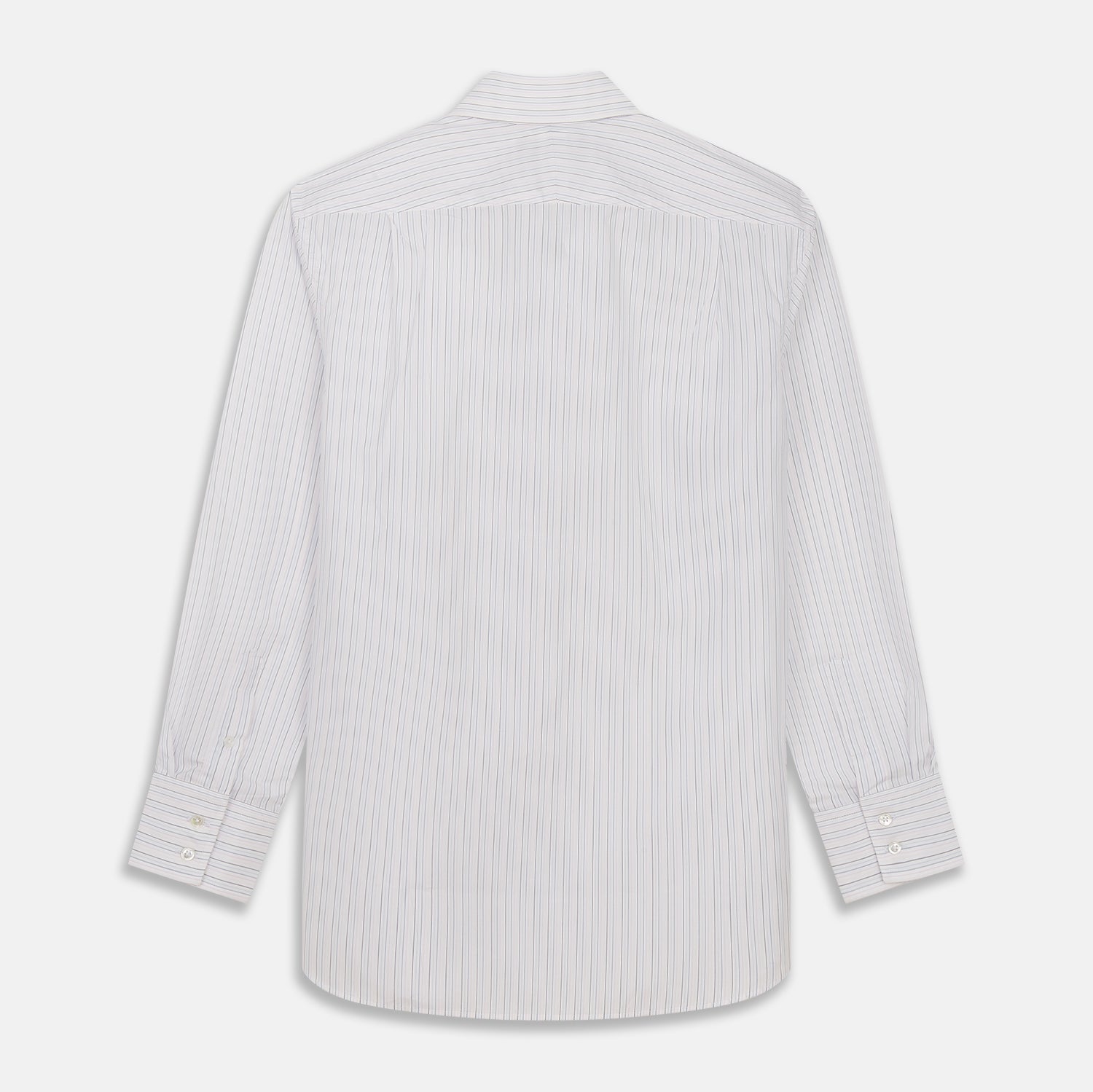 View 5 of product The Turnbull & Asser Blue Multi Stripe Tailored Fit Shelton Shirt features a Kent collar and thin blue and gray vertical stripes on white. This long-sleeve, button-down is displayed neatly against a plain white background.
