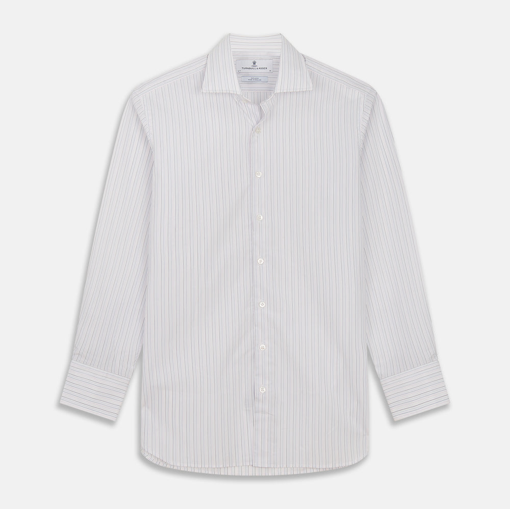 The Turnbull & Asser Blue Multi Stripe Tailored Fit Shelton Shirt features a Kent collar and thin blue and gray vertical stripes on white. This long-sleeve, button-down is displayed neatly against a plain white background.
