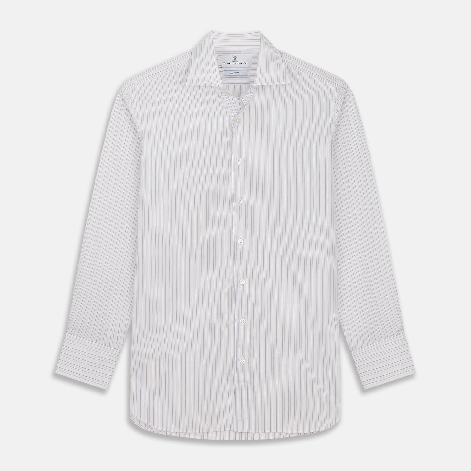 View 1 of product The Turnbull & Asser Blue Multi Stripe Tailored Fit Shelton Shirt features a Kent collar and thin blue and gray vertical stripes on white. This long-sleeve, button-down is displayed neatly against a plain white background.