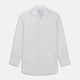 The Turnbull & Asser Blue Multi Stripe Tailored Fit Shelton Shirt features a Kent collar and thin blue and gray vertical stripes on white. This long-sleeve, button-down is displayed neatly against a plain white background.