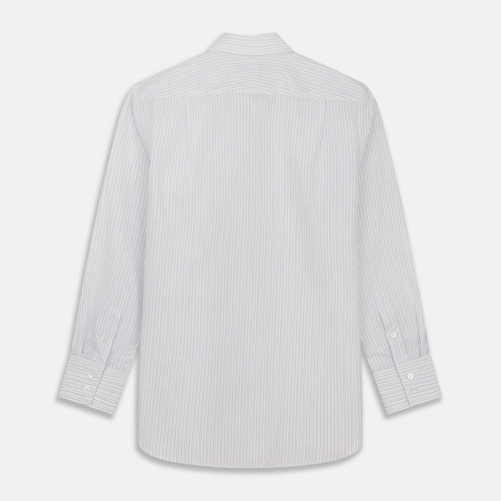 The Turnbull & Asser Purple Multi Stripe Tailored Fit Shelton Shirt features a Kent collar and buttoned cuffs, with a vertical pinstripe pattern, displayed flat on a white surface.