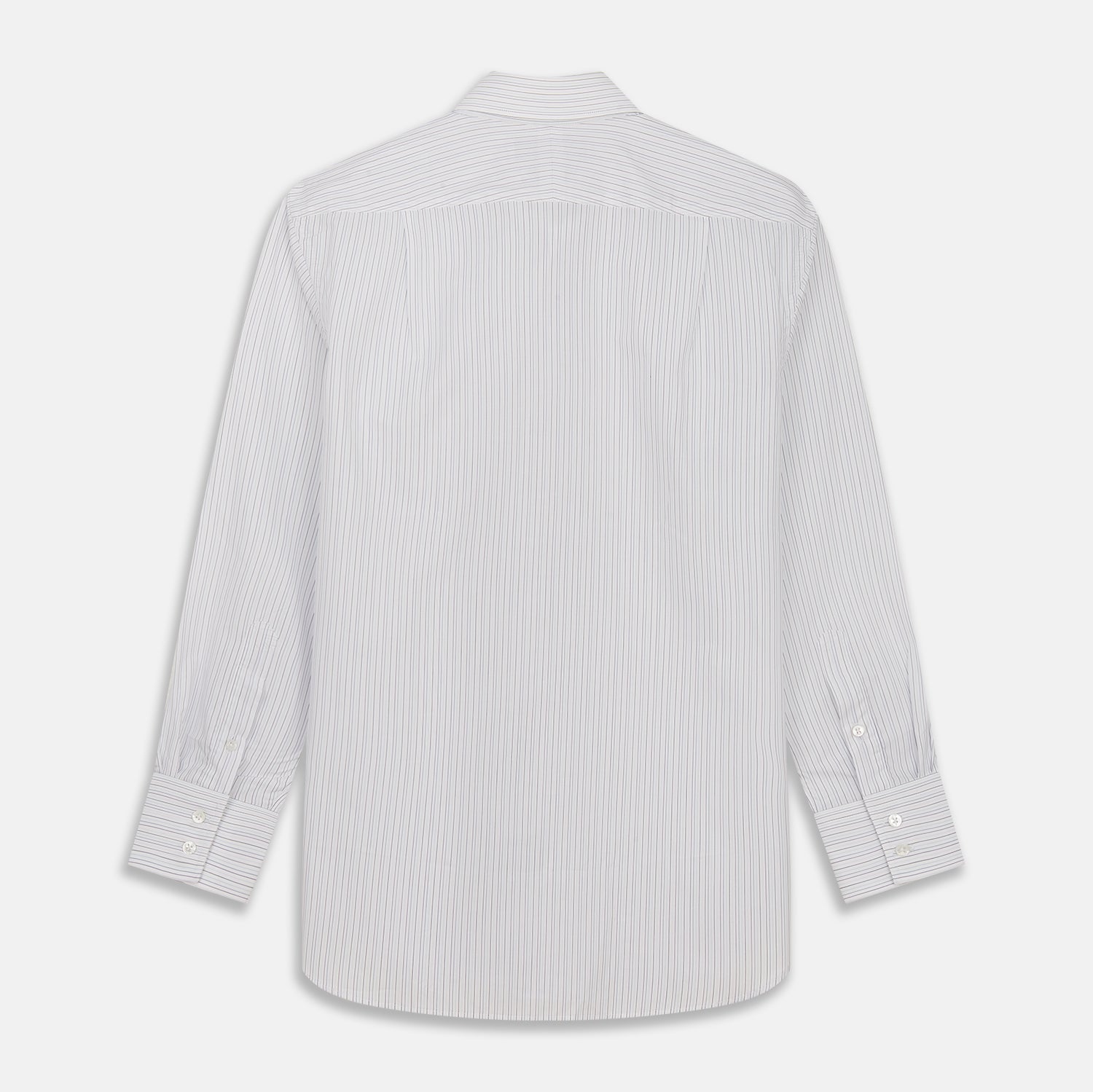 View 5 of product The Turnbull & Asser Purple Multi Stripe Tailored Fit Shelton Shirt features a Kent collar and buttoned cuffs, with a vertical pinstripe pattern, displayed flat on a white surface.