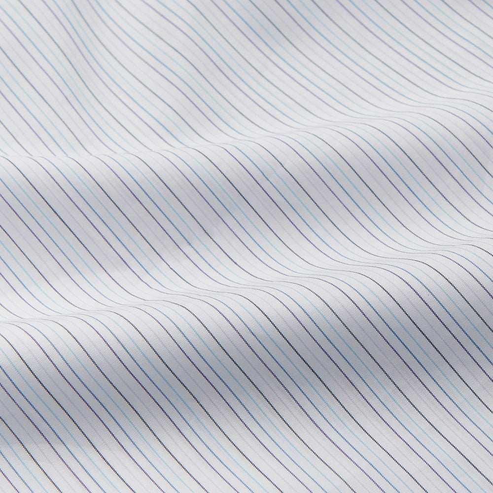 The Turnbull & Asser Purple Multi Stripe Tailored Fit Shelton Shirt features a Kent collar and buttoned cuffs, with a vertical pinstripe pattern, displayed flat on a white surface.