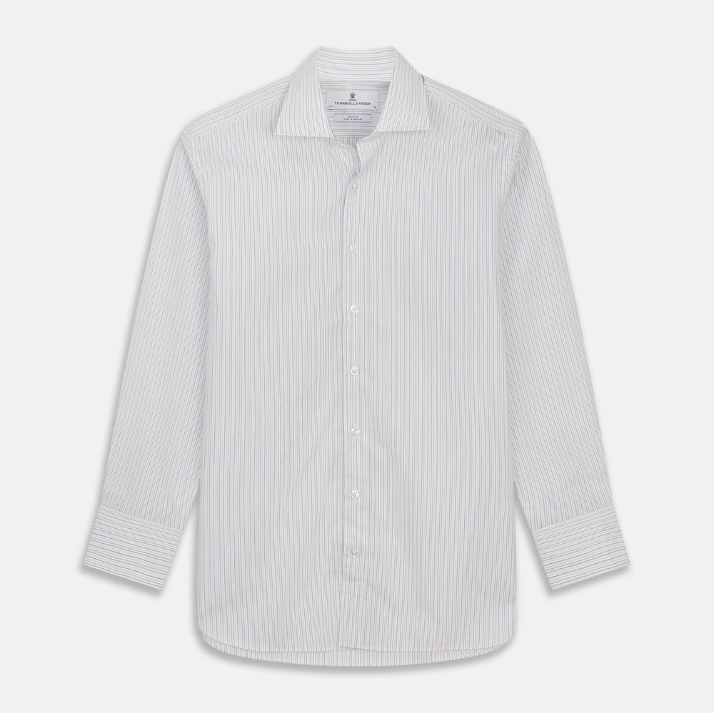 The Turnbull & Asser Purple Multi Stripe Tailored Fit Shelton Shirt features a Kent collar and buttoned cuffs, with a vertical pinstripe pattern, displayed flat on a white surface.