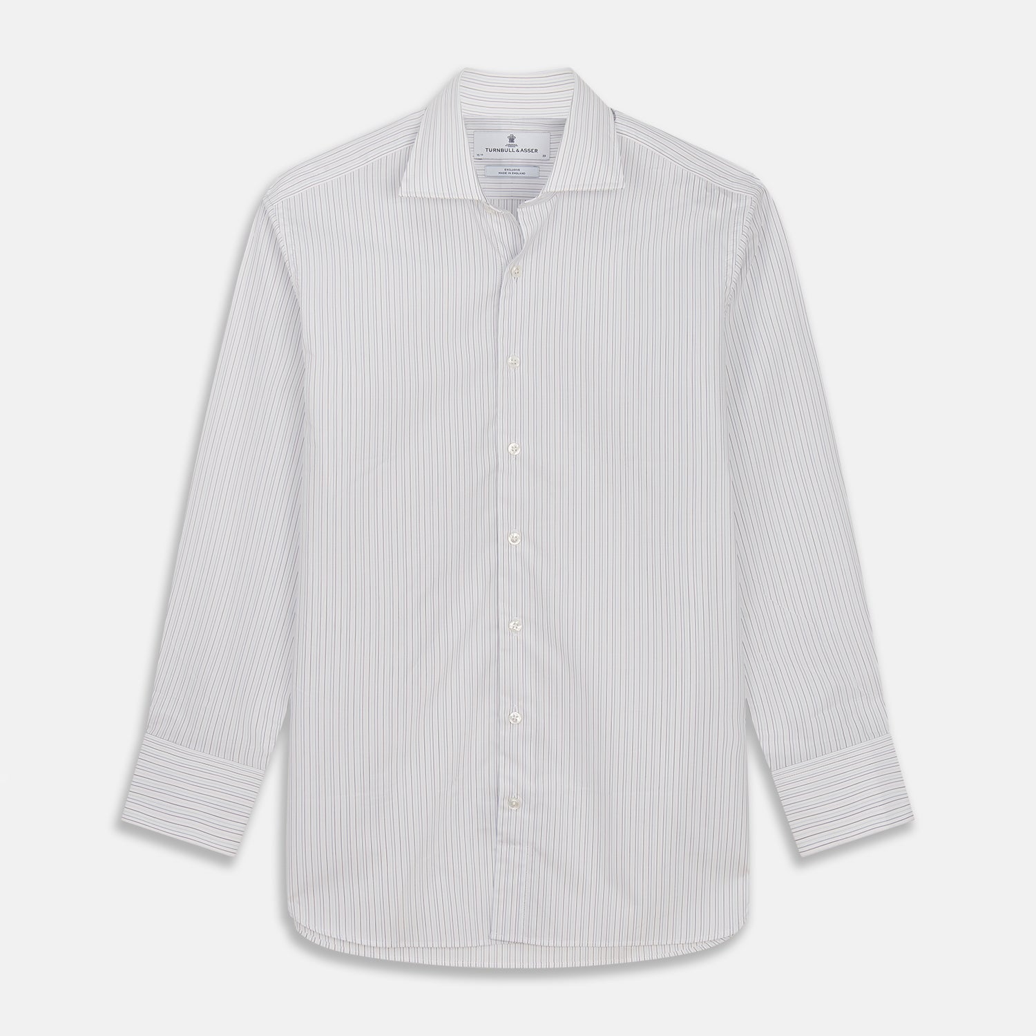 View 1 of product The Turnbull & Asser Purple Multi Stripe Tailored Fit Shelton Shirt features a Kent collar and buttoned cuffs, with a vertical pinstripe pattern, displayed flat on a white surface.