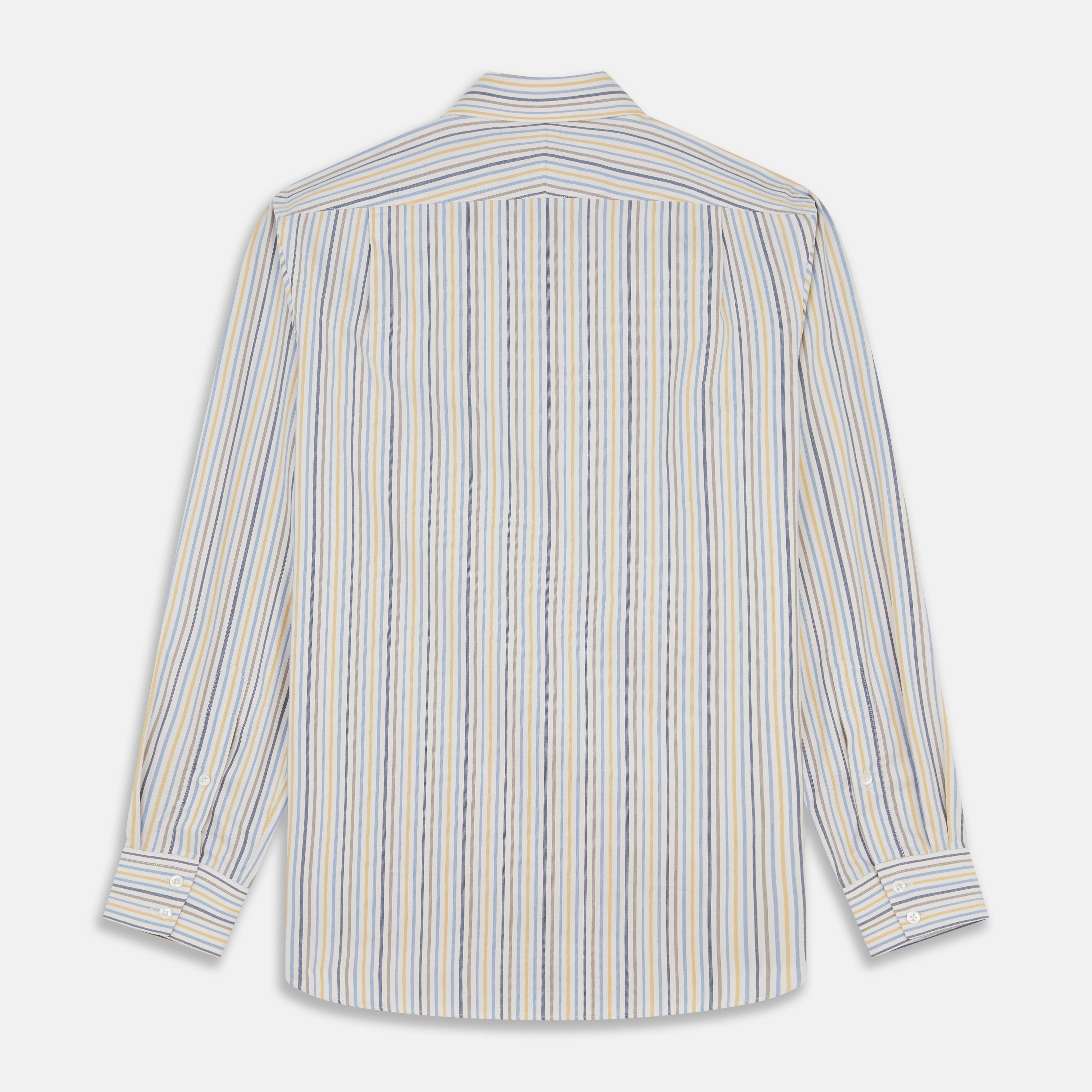View 5 of product Turnbull & Asser’s Yellow Multi Stripe Tailored Fit Shirt features a Kent collar, blue, yellow, and white stripes on a light background, 2-button cuffs, and a curved hem for a refined look.