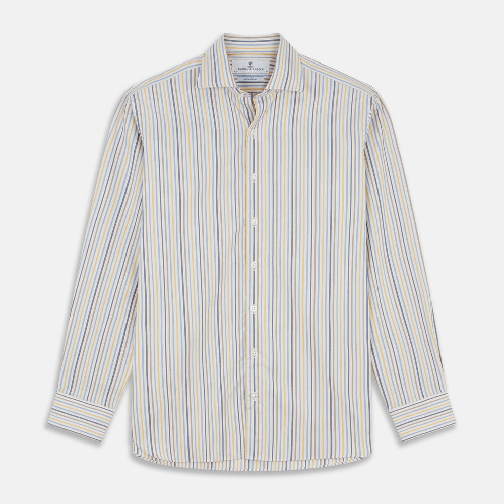 Turnbull & Asser’s Yellow Multi Stripe Tailored Fit Shirt features a Kent collar, blue, yellow, and white stripes on a light background, 2-button cuffs, and a curved hem for a refined look.