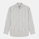 Turnbull & Asser’s Yellow Multi Stripe Tailored Fit Shirt features a Kent collar, blue, yellow, and white stripes on a light background, 2-button cuffs, and a curved hem for a refined look.