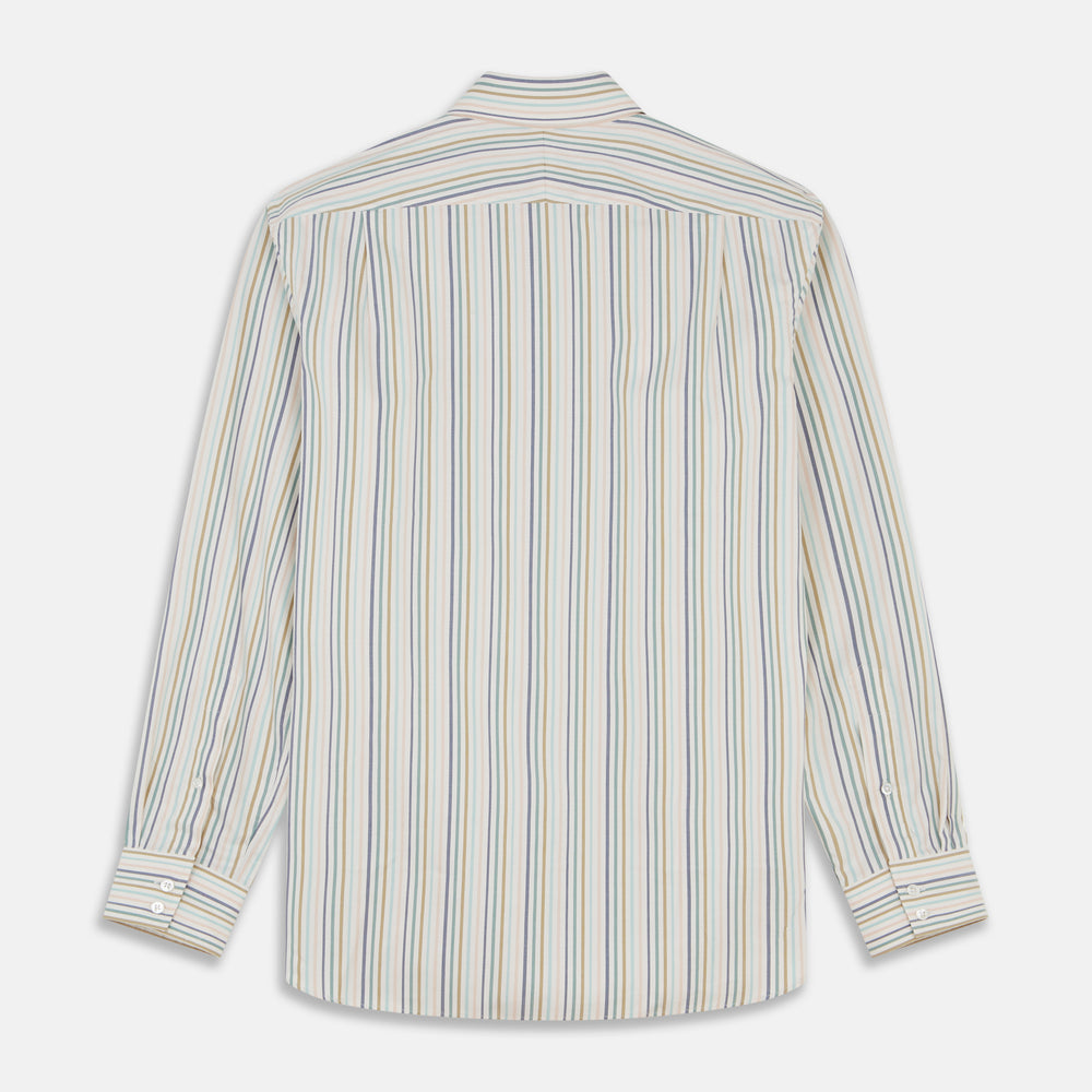 The Turnbull & Asser Green Multi Stripe Tailored Fit Shirt features a Kent collar, 2-button cuffs, and vibrant multicolored stripes, shown flat against a white background.