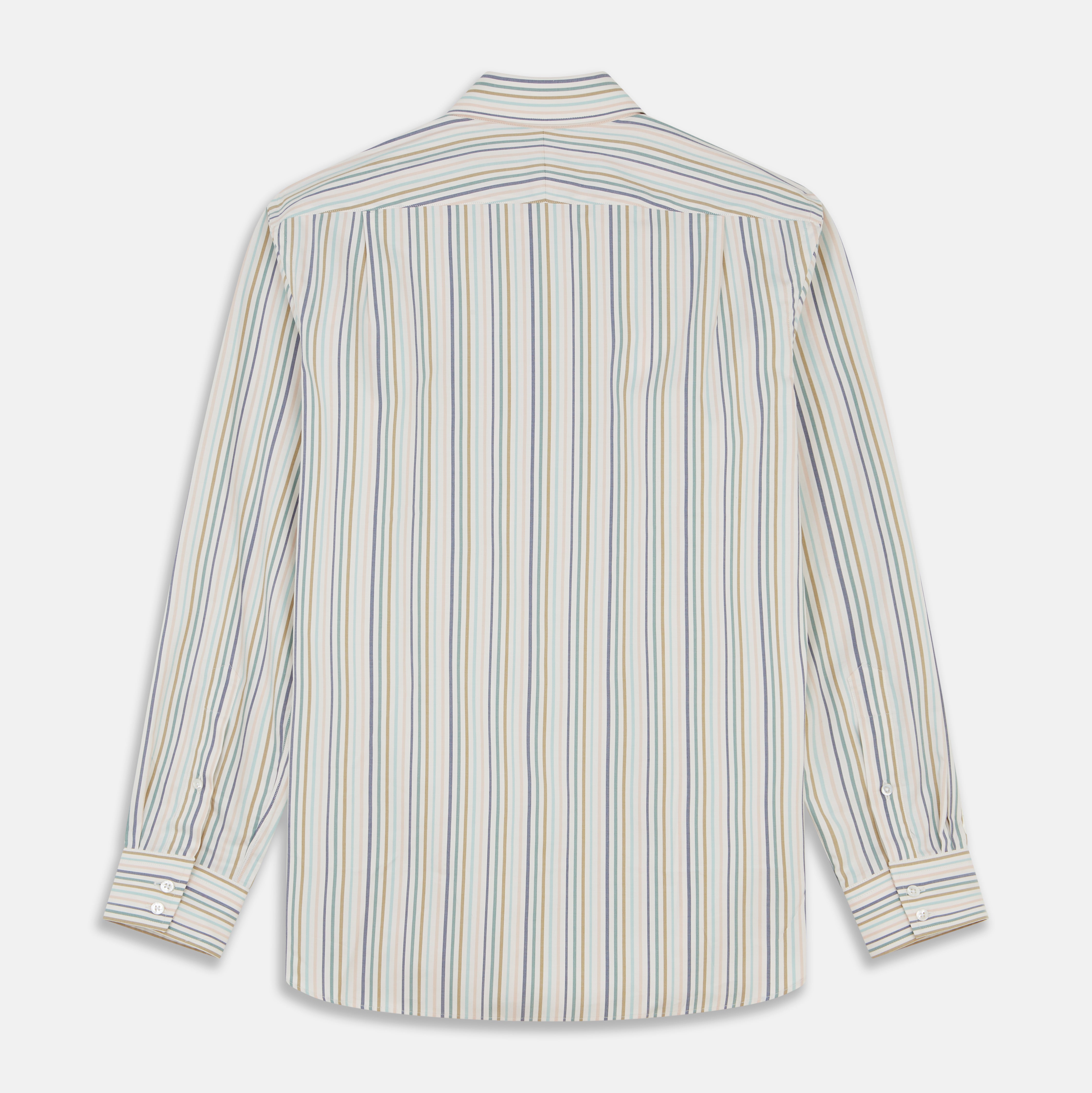 View 5 of product The Turnbull & Asser Green Multi Stripe Tailored Fit Shirt features a Kent collar, 2-button cuffs, and vibrant multicolored stripes, shown flat against a white background.