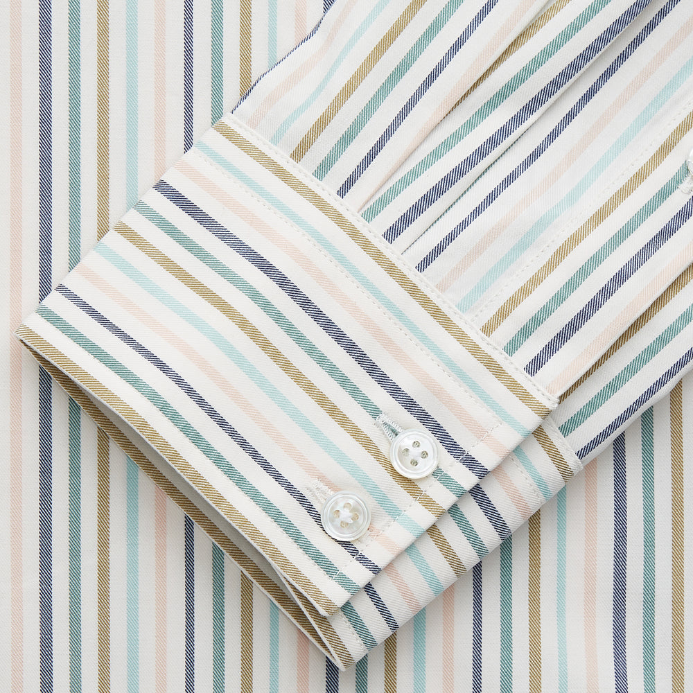 The Turnbull & Asser Green Multi Stripe Tailored Fit Shirt features a Kent collar, 2-button cuffs, and vibrant multicolored stripes, shown flat against a white background.