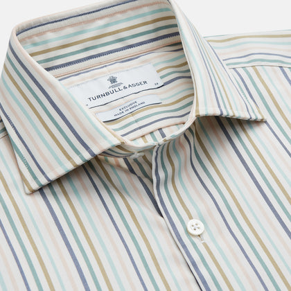 Green Multi Stripe Tailored Fit Shirt with Kent Collar and 2 Button Cuffs Image 1