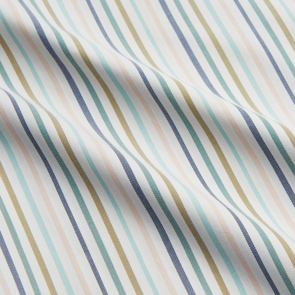 The Turnbull & Asser Green Multi Stripe Tailored Fit Shirt features a Kent collar, 2-button cuffs, and vibrant multicolored stripes, shown flat against a white background.