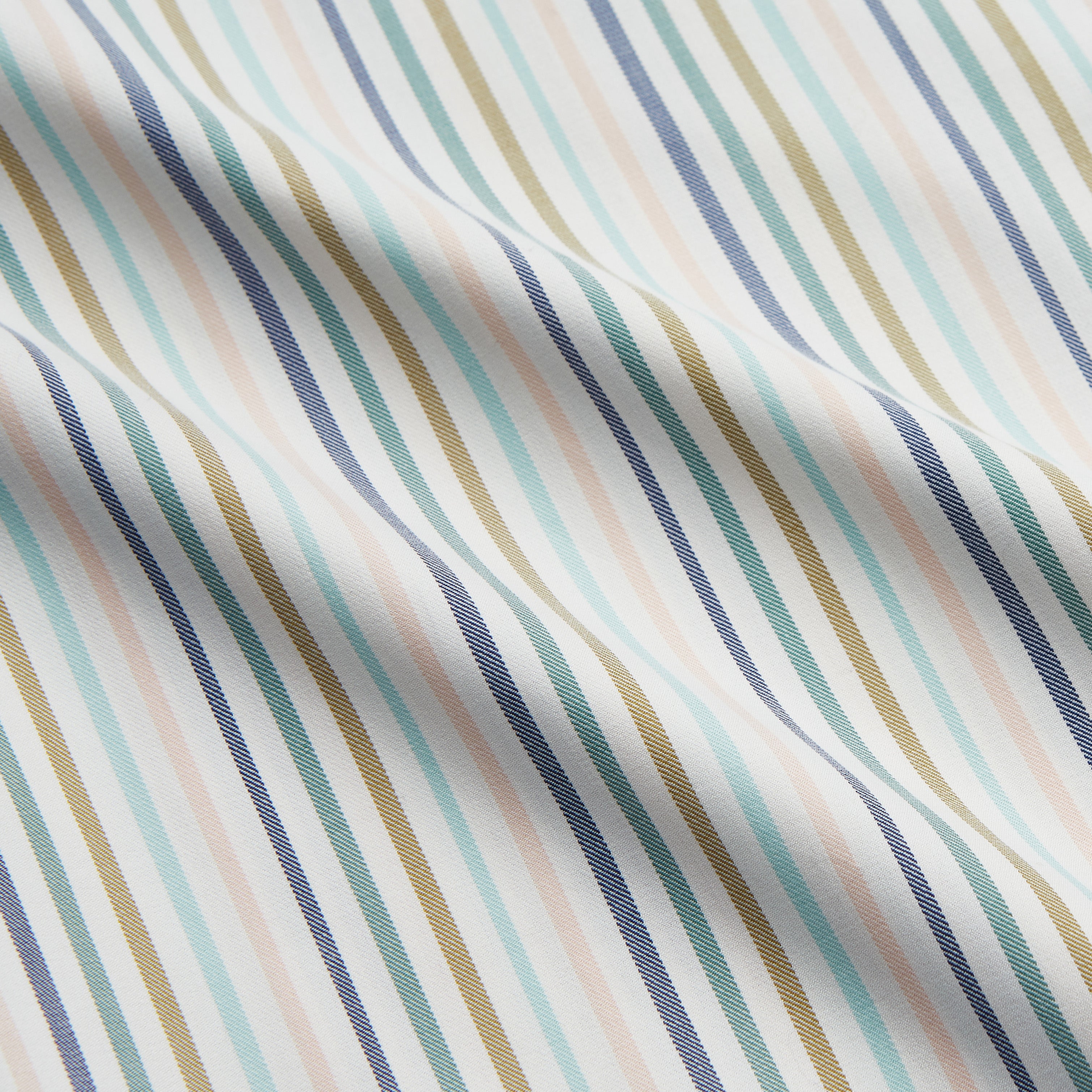 View 4 of product The Turnbull & Asser Green Multi Stripe Tailored Fit Shirt features a Kent collar, 2-button cuffs, and vibrant multicolored stripes, shown flat against a white background.