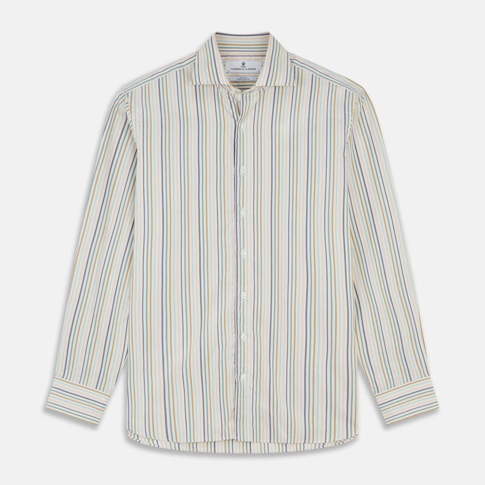 The Turnbull & Asser Green Multi Stripe Tailored Fit Shirt features a Kent collar, 2-button cuffs, and vibrant multicolored stripes, shown flat against a white background.