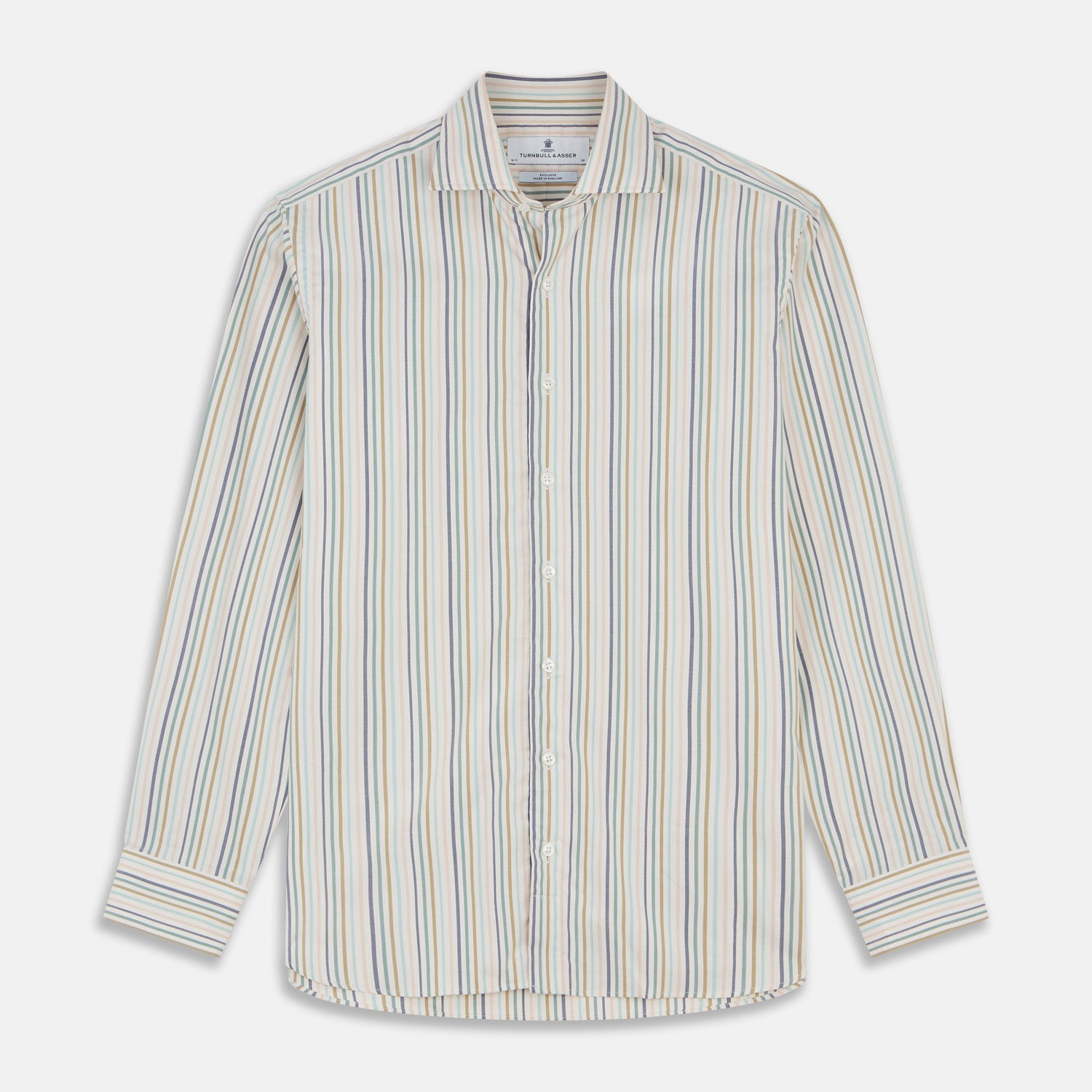 View 1 of product The Turnbull & Asser Green Multi Stripe Tailored Fit Shirt features a Kent collar, 2-button cuffs, and vibrant multicolored stripes, shown flat against a white background.