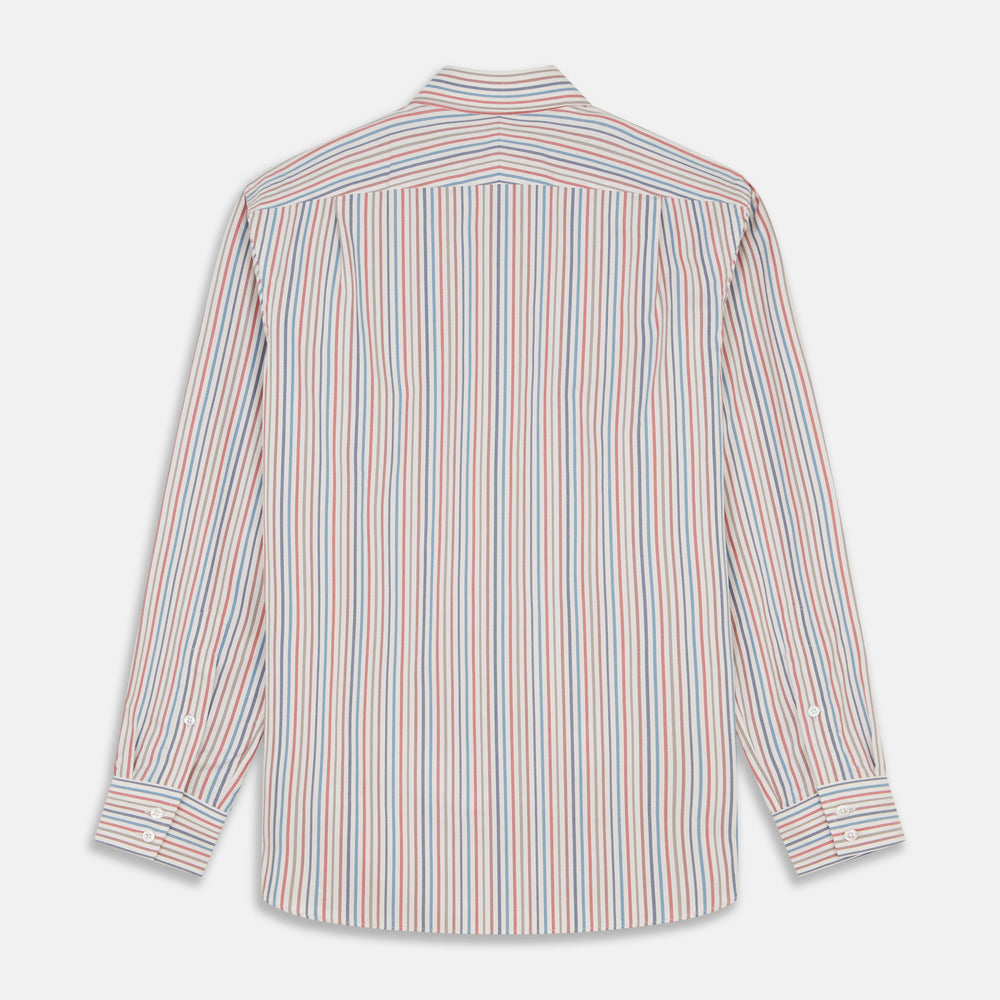 The Turnbull & Asser Burgundy Multi Stripe Tailored Fit Shirt features a Kent collar and 2 button cuffs, with vertical stripes on a light background. The shirt is neatly laid flat on a white surface.