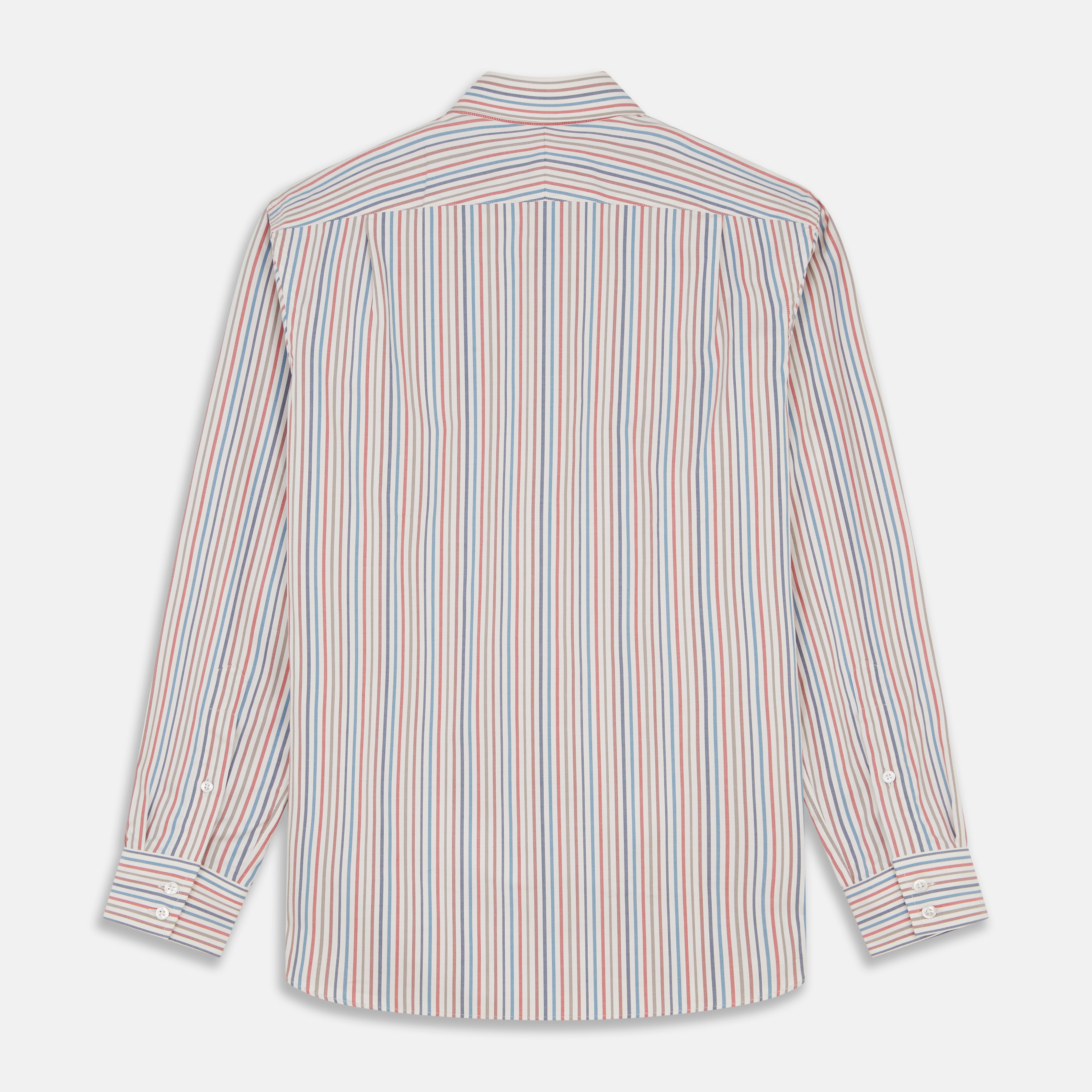 View 5 of product The Turnbull & Asser Burgundy Multi Stripe Tailored Fit Shirt features a Kent collar and 2 button cuffs, with vertical stripes on a light background. The shirt is neatly laid flat on a white surface.