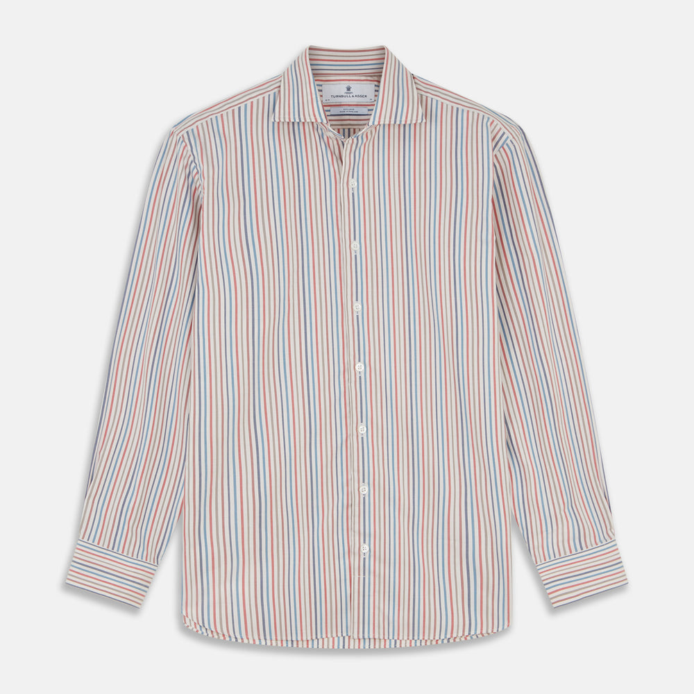 The Turnbull & Asser Burgundy Multi Stripe Tailored Fit Shirt features a Kent collar and 2 button cuffs, with vertical stripes on a light background. The shirt is neatly laid flat on a white surface.