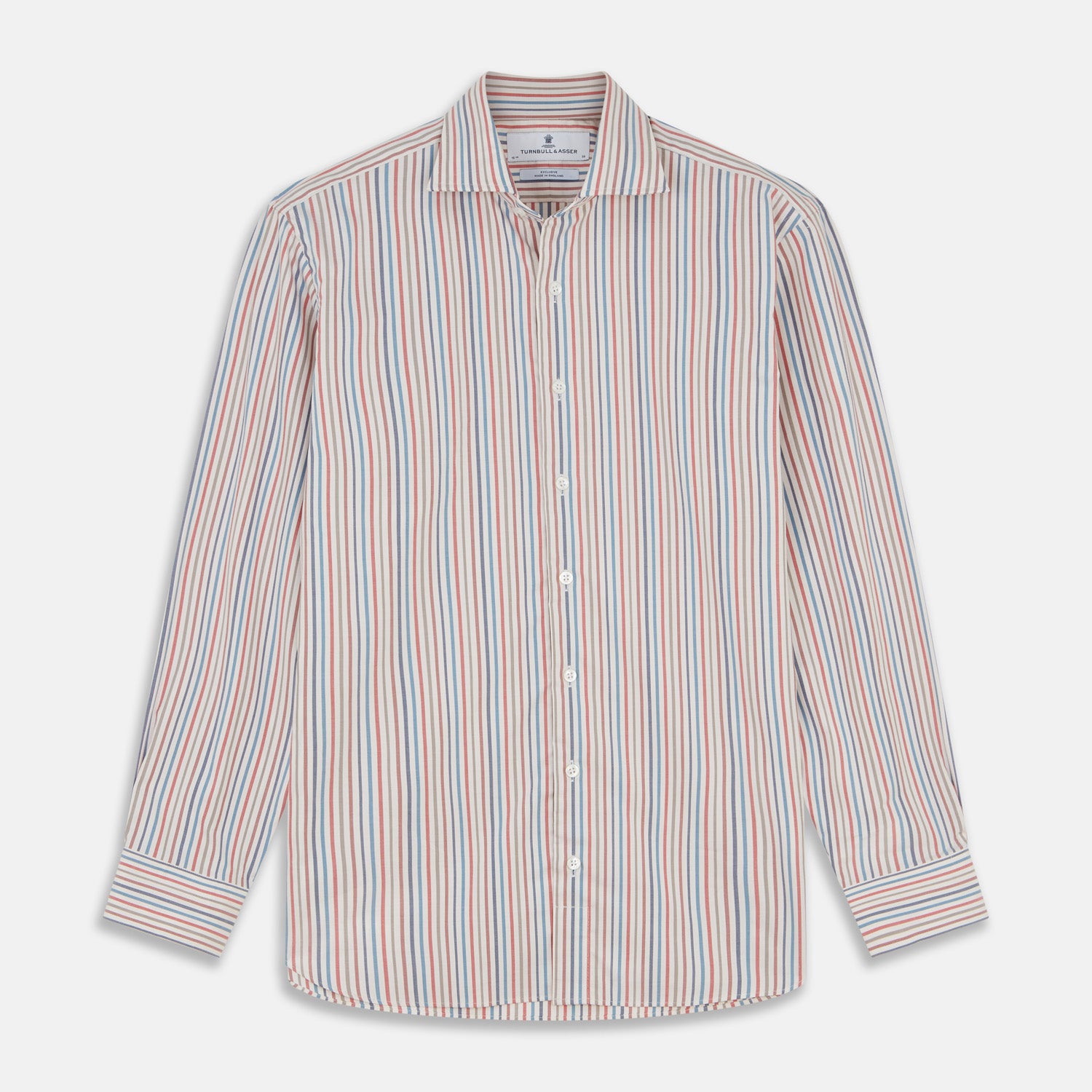 View 1 of product The Turnbull & Asser Burgundy Multi Stripe Tailored Fit Shirt features a Kent collar and 2 button cuffs, with vertical stripes on a light background. The shirt is neatly laid flat on a white surface.
