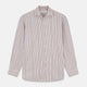 The Turnbull & Asser Burgundy Multi Stripe Tailored Fit Shirt features a Kent collar and 2 button cuffs, with vertical stripes on a light background. The shirt is neatly laid flat on a white surface.