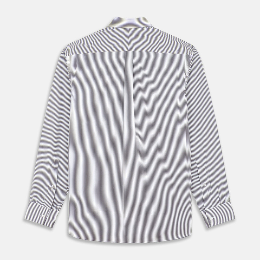 The Turnbull & Asser Grey & White Stripe Weekend Fit Shirt features a Derby collar, 1-button cuffs, and chest pocket—ideal for casual weekends. Shown on a plain white background.