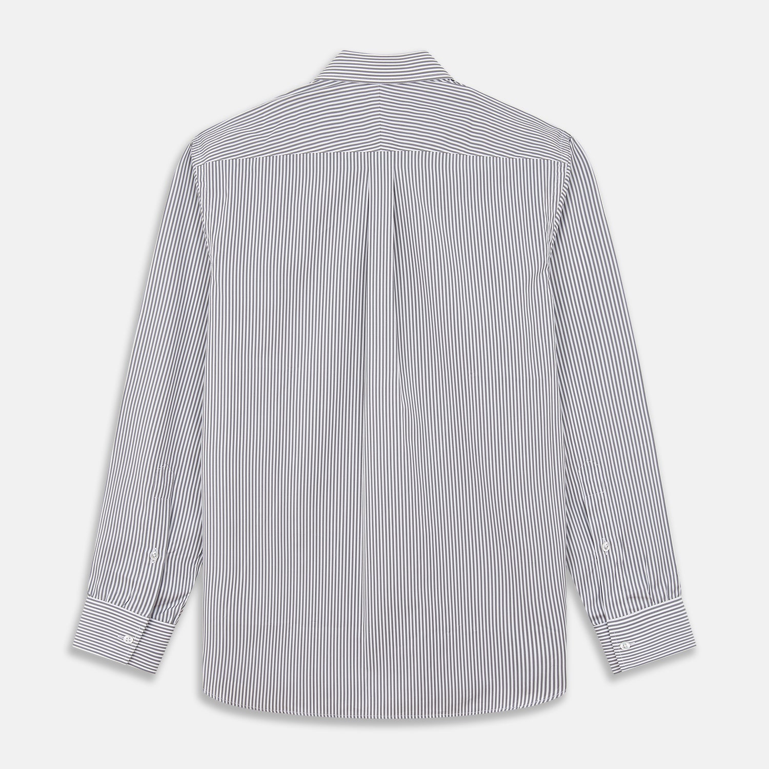 View 5 of product The Turnbull & Asser Grey & White Stripe Weekend Fit Shirt features a Derby collar, 1-button cuffs, and chest pocket—ideal for casual weekends. Shown on a plain white background.