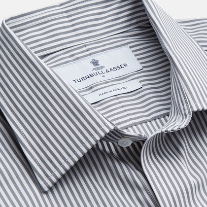 Grey & White Stripe Weekend Fit Shirt with Derby Collar and 1 Button Cuffs Image 1