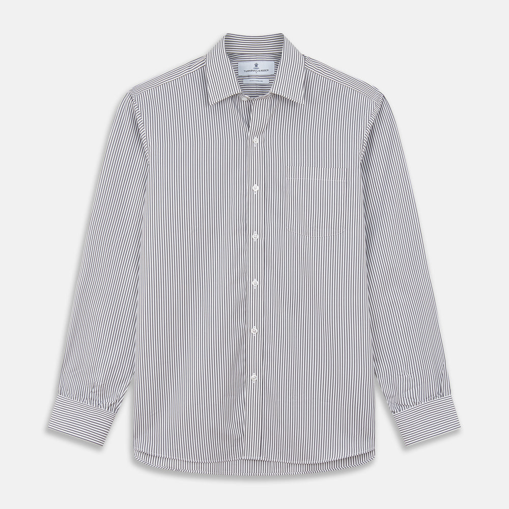 The Turnbull & Asser Grey & White Stripe Weekend Fit Shirt features a Derby collar, 1-button cuffs, and chest pocket—ideal for casual weekends. Shown on a plain white background.
