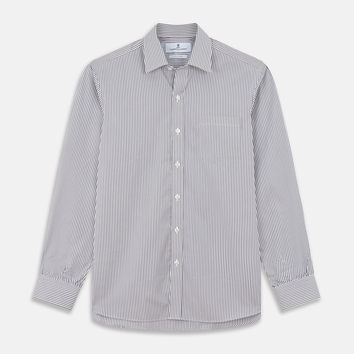 View 1 of product The Turnbull & Asser Grey & White Stripe Weekend Fit Shirt features a Derby collar, 1-button cuffs, and chest pocket—ideal for casual weekends. Shown on a plain white background.