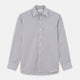 The Turnbull & Asser Grey & White Stripe Weekend Fit Shirt features a Derby collar, 1-button cuffs, and chest pocket—ideal for casual weekends. Shown on a plain white background.