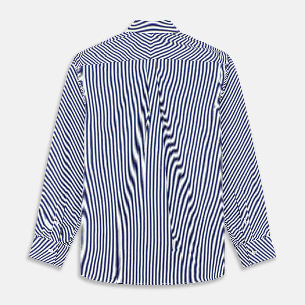 The Turnbull & Asser Navy & White Stripe Weekend Fit Shirt features a Derby collar, 1-button cuffs, front chest pocket, vertical stripes, and white buttons. Displayed flat on a white background.
