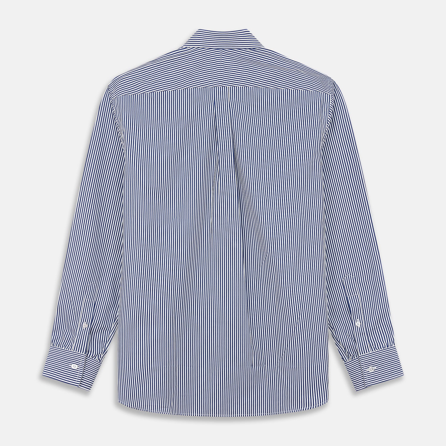 View 5 of product The Turnbull & Asser Navy & White Stripe Weekend Fit Shirt features a Derby collar, 1-button cuffs, front chest pocket, vertical stripes, and white buttons. Displayed flat on a white background.
