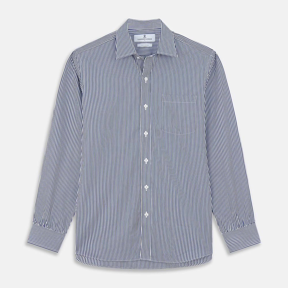 The Turnbull & Asser Navy & White Stripe Weekend Fit Shirt features a Derby collar, 1-button cuffs, front chest pocket, vertical stripes, and white buttons. Displayed flat on a white background.