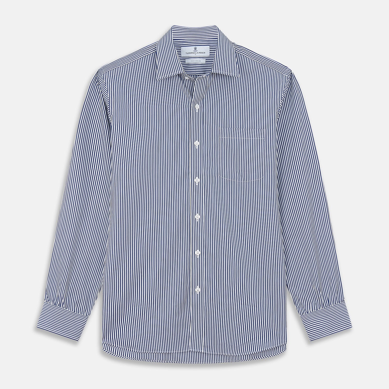 View 1 of product The Turnbull & Asser Navy & White Stripe Weekend Fit Shirt features a Derby collar, 1-button cuffs, front chest pocket, vertical stripes, and white buttons. Displayed flat on a white background.