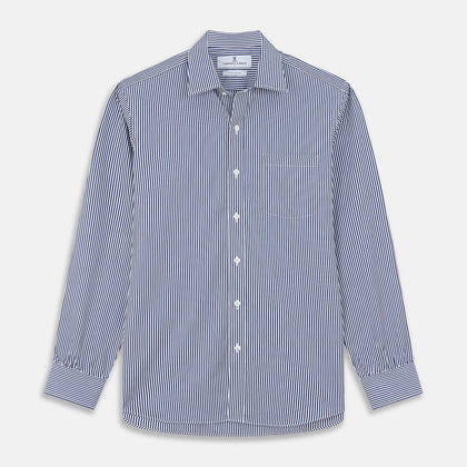Navy & White Stripe Weekend Fit Shirt with Derby Collar and 1 Button Cuffs