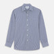 The Turnbull & Asser Navy & White Stripe Weekend Fit Shirt features a Derby collar, 1-button cuffs, front chest pocket, vertical stripes, and white buttons. Displayed flat on a white background.