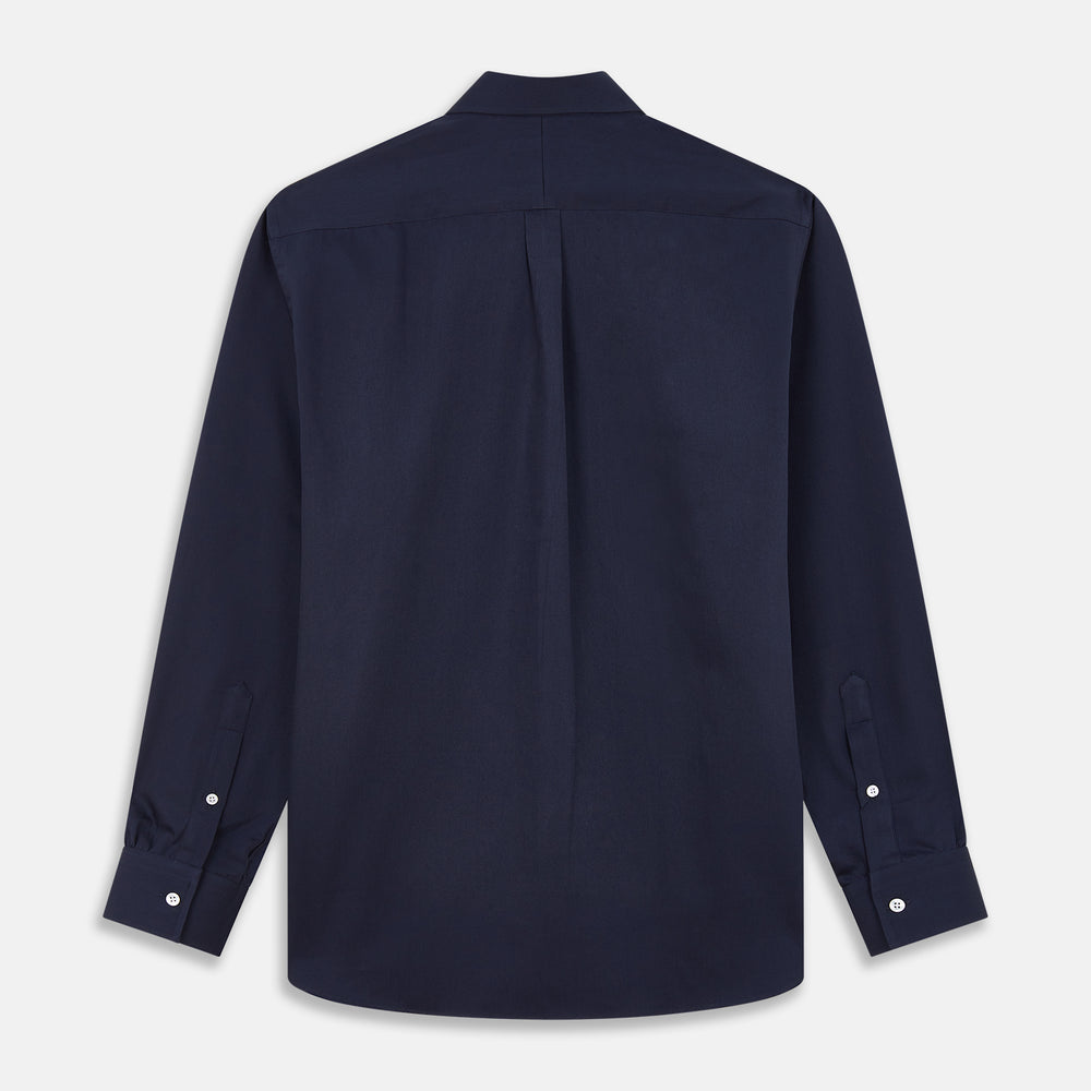 The Turnbull & Asser Navy Weekend Fit Shirt features a Dorset collar, 1 button cuffs, and white buttons, shown laid flat against a white background.