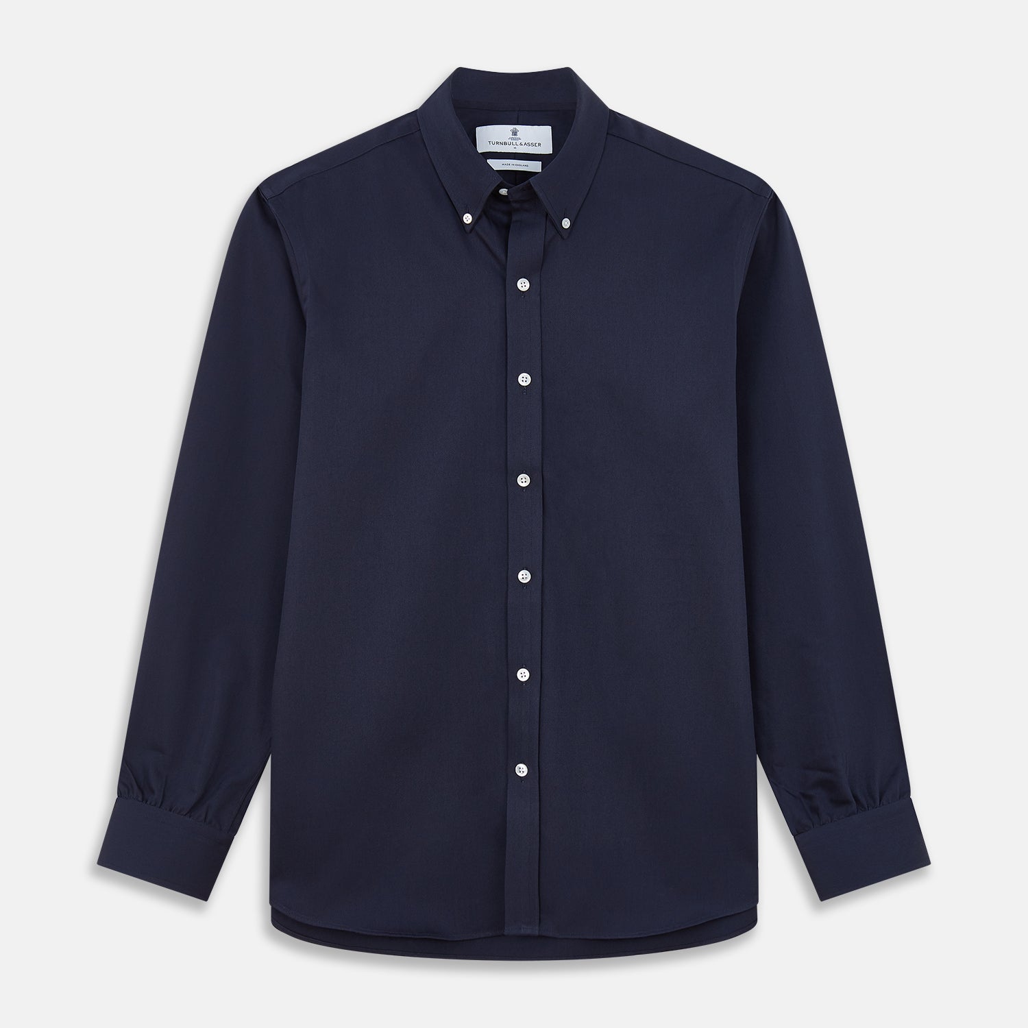 View 1 of product The Turnbull & Asser Navy Weekend Fit Shirt features a Dorset collar, 1 button cuffs, and white buttons, shown laid flat against a white background.