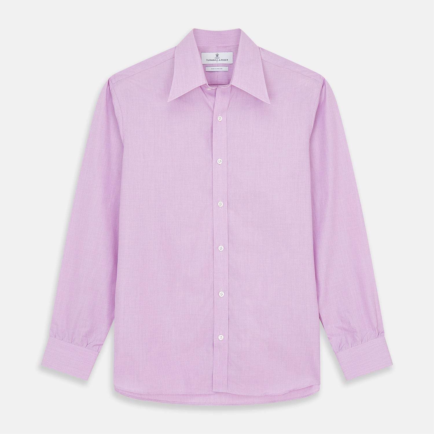 View 1 of product The Turnbull & Asser Pink Weekend Fit Shirt features a Long Point collar, single button cuffs, and a front pocket, shown laid flat on a white background.