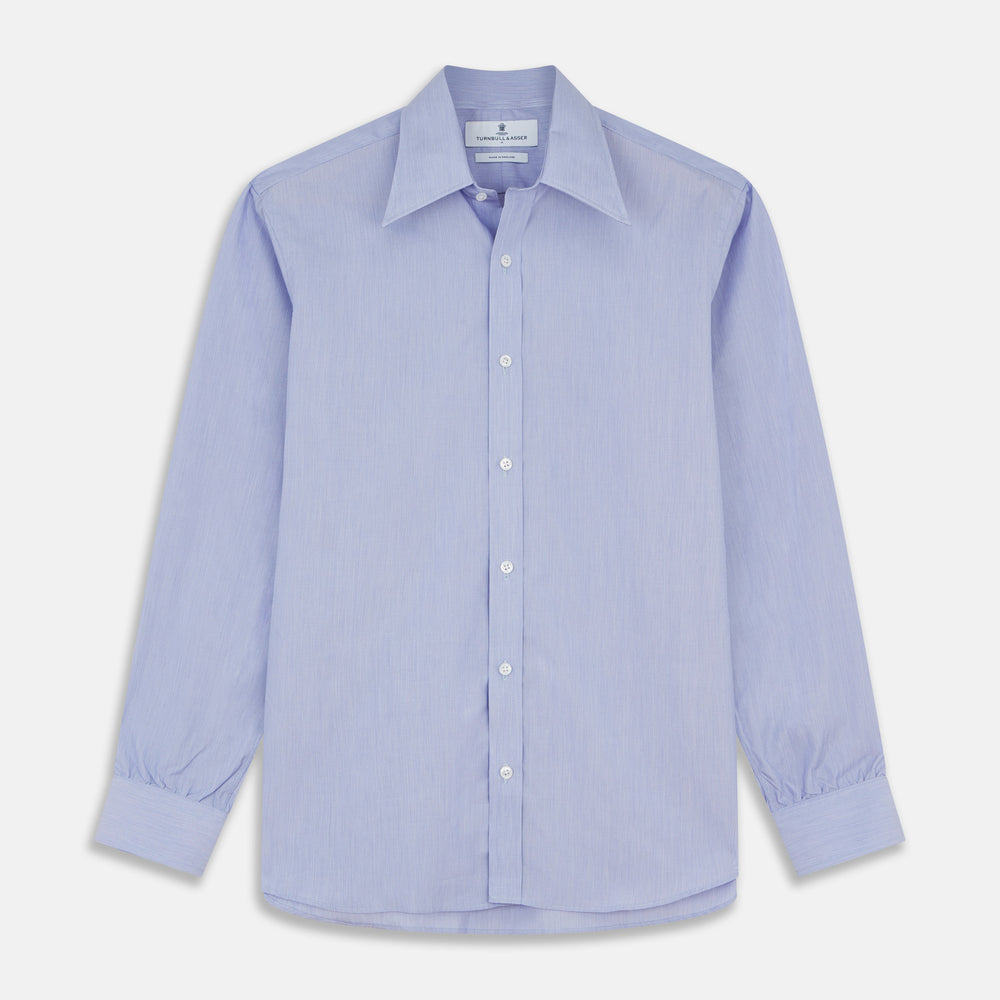 The Turnbull & Asser Pale Blue Weekend Fit Shirt with a Long Point collar and single button cuffs is laid flat on a white background.