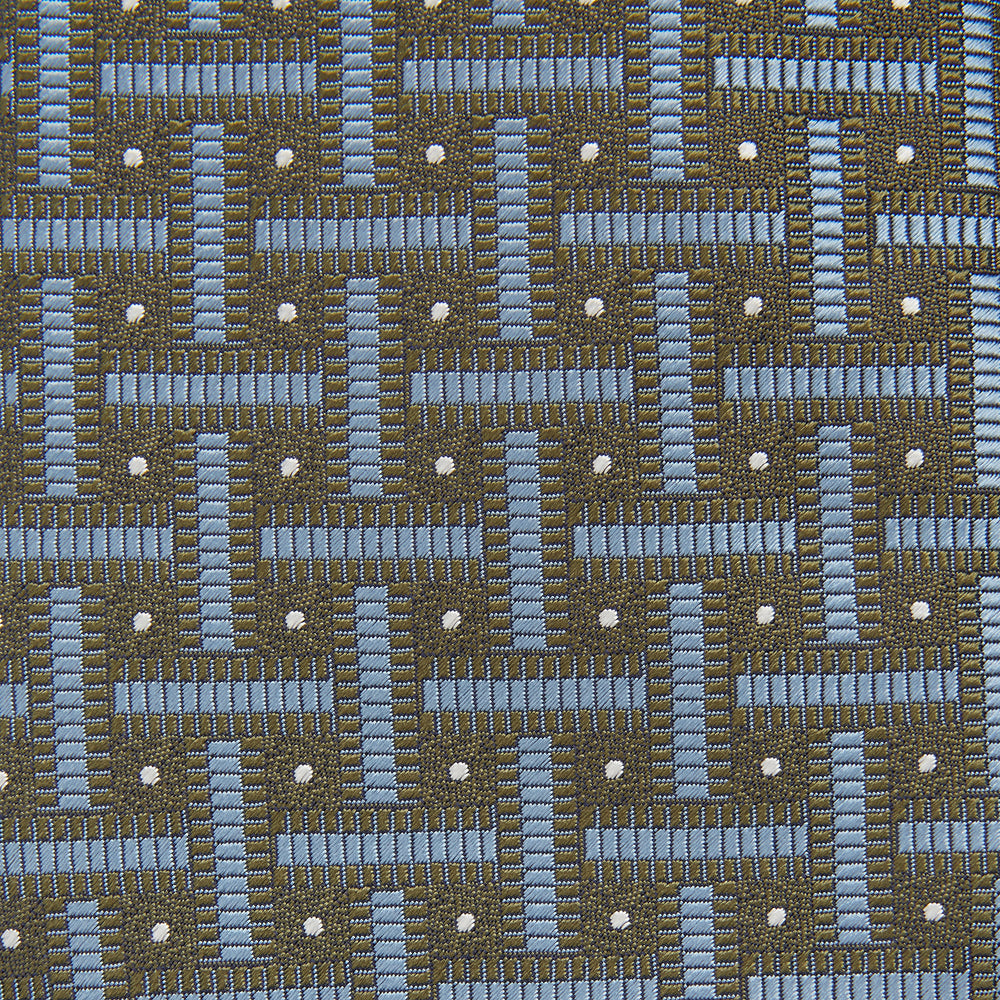 The Turnbull & Asser Green & Navy Cross Silk Tie features an olive green base with navy geometric patterns and white dots, shown rolled on a light surface—an ideal accessory to elevate any formal look.
