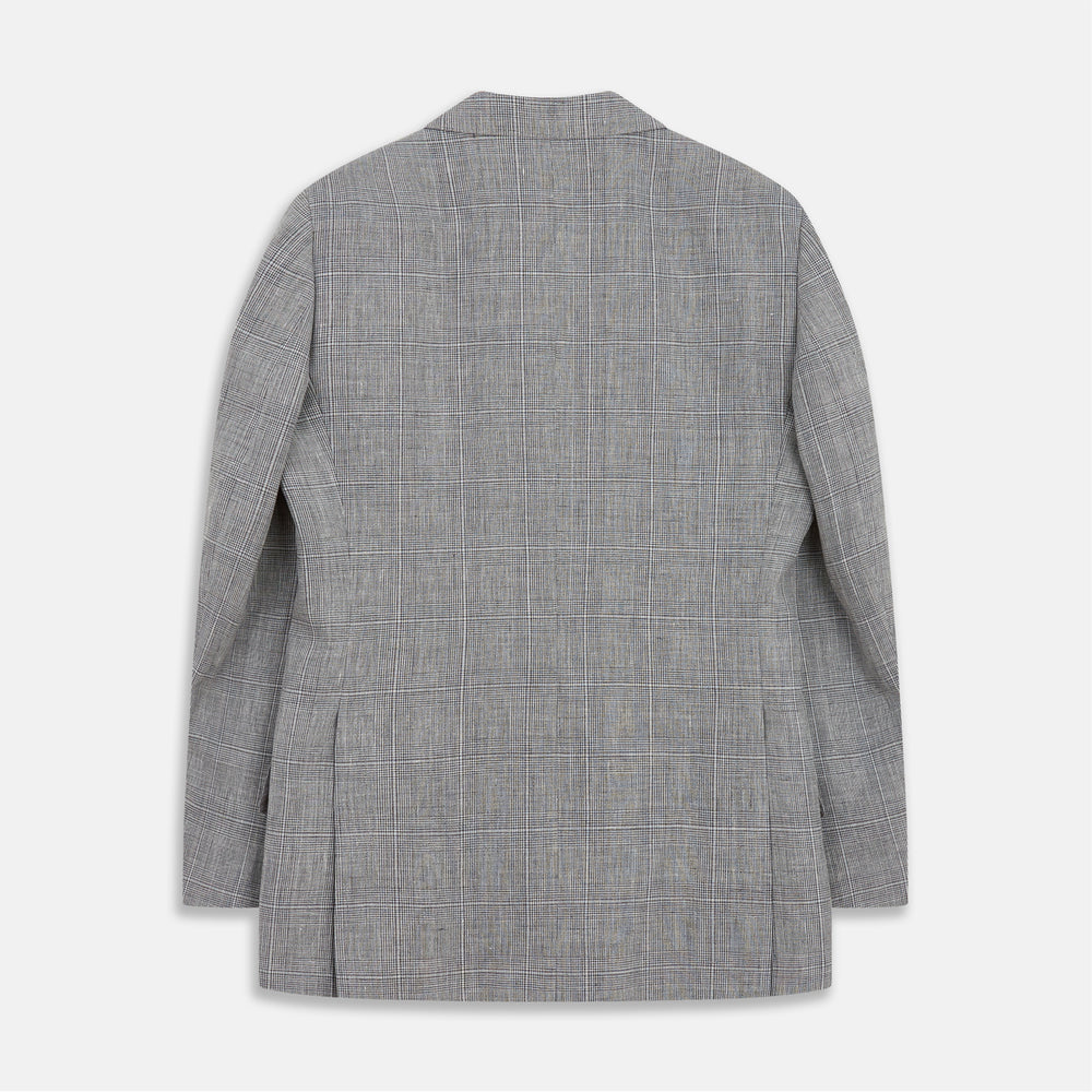 The Turnbull & Asser Grey Multi Check Linen Blend Barrington Blazer features notched lapels, a two-button single-breasted front, flap pockets, and buttoned cuffs, shown against a plain white background.